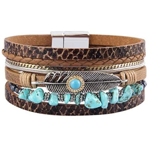 GelConnie Feather Leather Cuff Bracelet Magnetic Multi Strand Bracelet Wrap Bracelet Bohemian Jewelry Gifts for Women, Wife, Sister