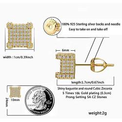 Iced Out Square Stud Earring for Men and Women 18k Gold plated Hypoallergenic with 925 Sterling Silver Screw Back Hip Hop Cool Boys Jewelry