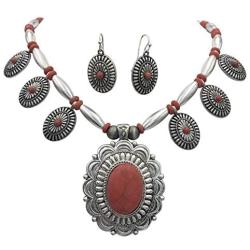 Gypsy Jewels 7 Natural Stone Flair Western Style Detailed Silver Tone Statement Necklace & Dangle Earrings Set