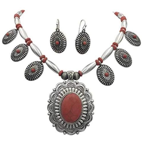 Gypsy Jewels 7 Natural Stone Flair Western Style Detailed Silver Tone Statement Necklace & Dangle Earrings Set