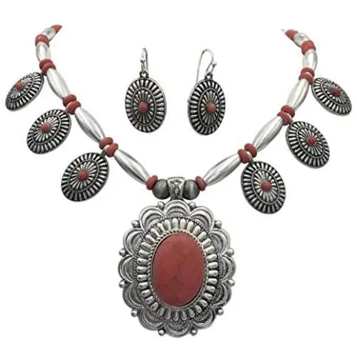 Gypsy Jewels 7 Natural Stone Flair Western Style Detailed Silver Tone Statement Necklace & Dangle Earrings Set Gypsy Jewels 7 Natural Stone Flair Western Style Detailed Silver Tone Statement Necklace & Dangle Earrings Set