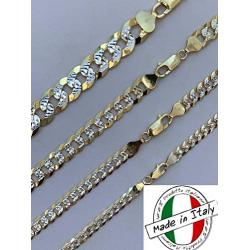 Harlembling Mens Flat Cuban Chain - Two Tone Diamond Cut - 14k Gold Over Solid 925 Sterling Silver - Made in Italy - 5mm 6mm 8mm 10mm