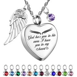 Dletay Heart Urn Necklace for Ashes with 12 Birthstones Angel Wing Cremation Jewelry for Ashes-God Has You in His Arms, I Have You in My Heart