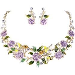 EVER FAITH Crystal Enamel Hummingbird Hibiscus Flower Leaf Necklace Earrings Set Gold-Tone