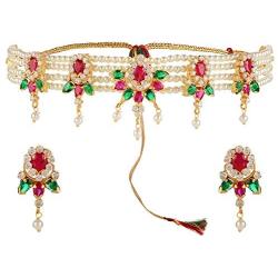 Efulgenz Indian Bollywood 14 K Gold Plated Cubic Zirconia Faux Ruby Pearl Choker Necklace Earring Bridal Jewelry Set