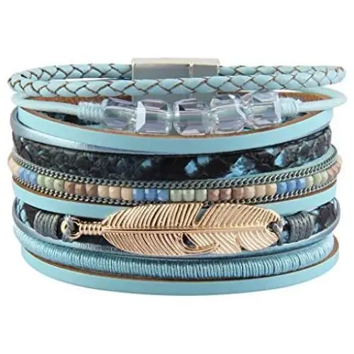 GelConnie Feather Leather Cuff Bracelet Magnetic Multi Strand Bracelet Wrap Bracelet Bohemian Jewelry Gifts for Women, Wife, Sister