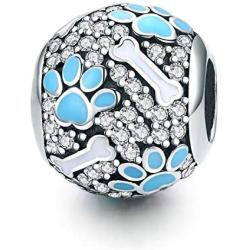 Dog Paw Charm for Charms Bracelet Blue Enamel CZ Paved Bead Charms Birthday Jewelry Christmas Gifts