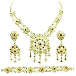 Siwalai Thai Traditional Gold Plated Multicolor Crystals Necklace Earrings Bracelet Jewelry Set 18 Inches