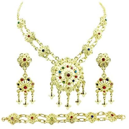 Siwalai Thai Traditional Gold Plated Multicolor Crystals Necklace Earrings Bracelet Jewelry Set 18 Inches