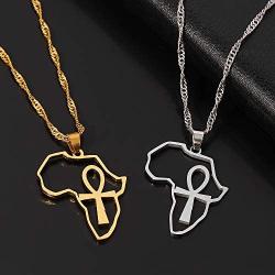 Africa Map Ankh Pendant Necklace - Stainless Steel Ancient Egyptian Coptic Map Choker Necklace Jewelry Gift for Girl and Women