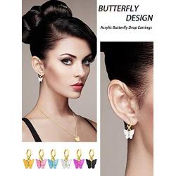 6 Sets Butterfly Jewelry Sets Include Acrylic Butterfly Pendant Necklace and Huggie Hoop Drop Earrings for Women Girls