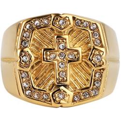 AsAlways Mens Retro Vintage Crusade Cross Biker Religious 18K Gold Plated Stainless Steel Cubic Zirconia CZ Cross Paladin Ring Size 7-13