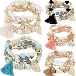 5 PACK Multilayer Bohemian Beaded Bangle Bracelet Crystal Charm Stretch Beach Stack-able Multi-color Boho Bracelets Jewelry Set