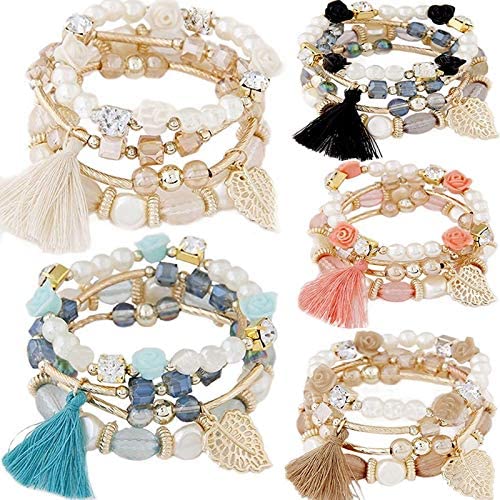 5 PACK Multilayer Bohemian Beaded Bangle Bracelet Crystal Charm Stretch Beach Stack-able Multi-color Boho Bracelets Jewelry Set