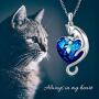 AOBOCO Cat Necklace Sterling Silver Cute Cat Pendant Jewelry with Ocean Blue Heart Crystal Gifts for Cat Lover