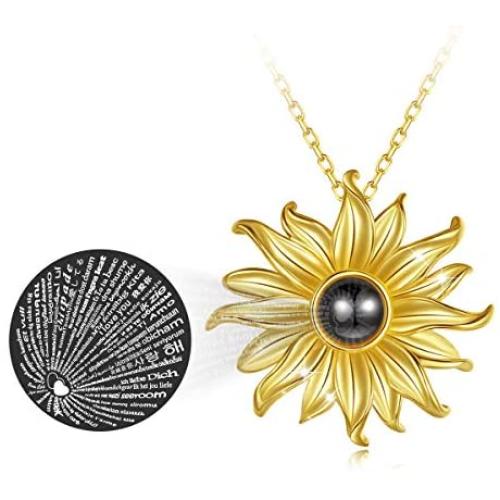 INFUSEU 100 Language I Love You Sunflower Necklace Sterling Silver You Are My Sunshine Jewelry for Women Girls, 18 Inch Chain