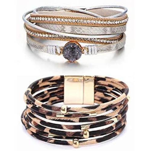 Leather Bracelet Leopard Multilayer Wrap Cuff Bracelet Punk Jewelry For Women Teen Girls