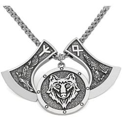 GuoShuang Men viking nordic odins wolf and raven rune pendant necklace