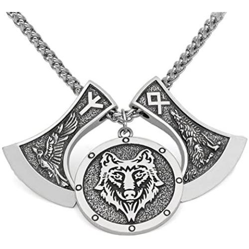 GuoShuang Men viking nordic odins wolf and raven rune pendant necklace