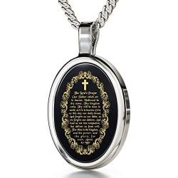 Nano Jewelry Christian Cross Necklace Inscribed with The Lords Prayer in 24k Gold on Oval Black Onyx Stone, 18'' -