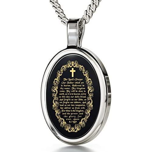 Nano Jewelry Christian Cross Necklace Inscribed with The Lords Prayer in 24k Gold on Oval Black Onyx Stone, 18'' -