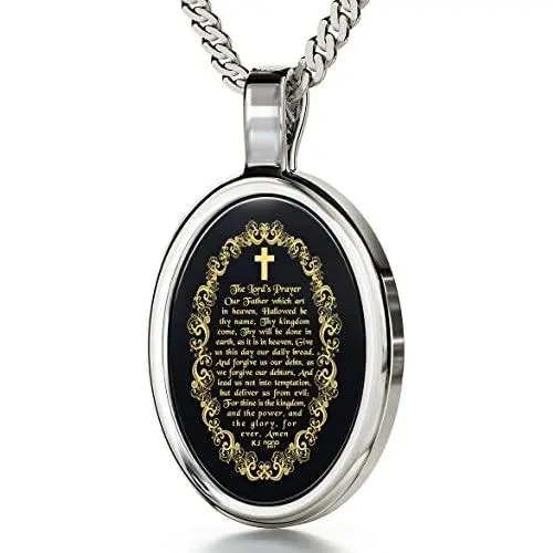 Nano Jewelry Christian Cross Necklace Inscribed with The Lords Prayer in 24k Gold on Oval Black Onyx Stone, 18'' -