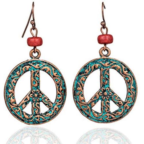 Eiffy Vintage Copper and Bronze Green Peace Sign Symbol Dangle Drop Earrings for Women Jewelry