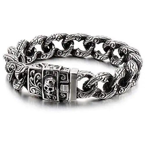 Qiaonitu Vintage Flower Pattern & Skull Head Stainless Steel Chain Bracelet for Men Women Hiphop Punk Biker Curb Cuban Bracelets Jewelry Qiaonitu Vintage Flower Pattern & Skull Head Stainless Steel Chain Bracelet for Men Women Hiphop Punk Biker Curb Cuban Bracelets Jewelry