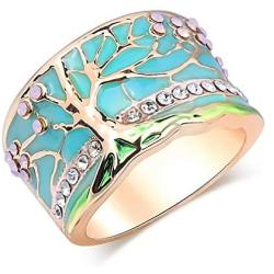 N-A Lucky Flower Tree Rings Gold Pink Opal Green Enamel Wide Ring for Woman Party Crystal Vintage Jewelry