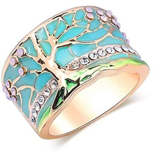 N-A Lucky Flower Tree Rings Gold Pink Opal Green Enamel Wide Ring for Woman Party Crystal Vintage Jewelry