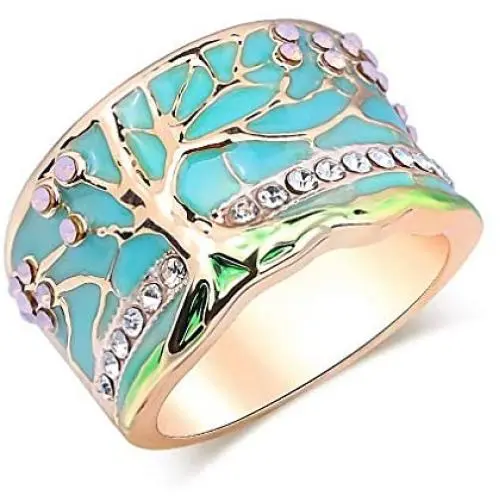 N-A Lucky Flower Tree Rings Gold Pink Opal Green Enamel Wide Ring for Woman Party Crystal Vintage Jewelry N-A Lucky Flower Tree Rings Gold Pink Opal Green Enamel Wide Ring for Woman Party Crystal Vintage Jewelry