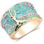 N-A Lucky Flower Tree Rings Gold Pink Opal Green Enamel Wide Ring for Woman Party Crystal Vintage Jewelry