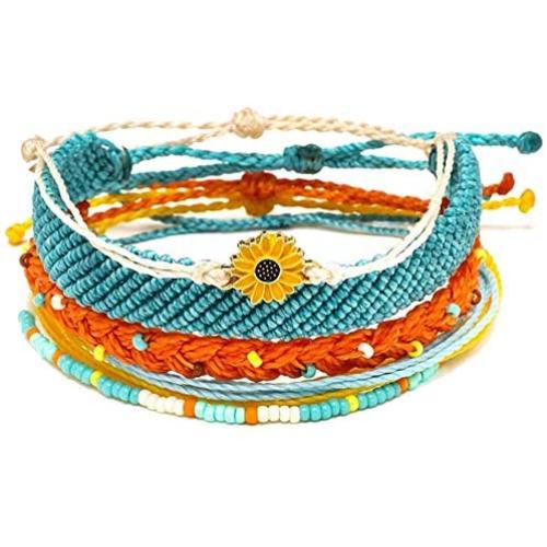 Braided Sunflower Boho String Woven Strand Bracelets Set for Women Teen Girls Adjustable Wrap Rope Charm Wave Jewelry Friendship Waterproof Gift Sunflower 5 Pcs