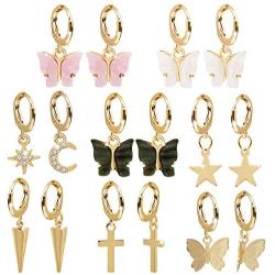 8 Pairs Cute Dainty Moon Star Huggie Dangle Hoop Earrings for Women with Sparkling CZ Crystal Mini Huggie Hoop Lightweight Earrings Set with Dangle Charms