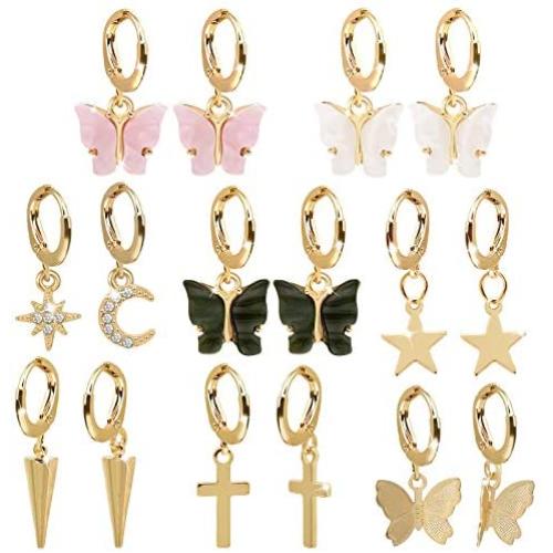 8 Pairs Cute Dainty Moon Star Huggie Dangle Hoop Earrings for Women with Sparkling CZ Crystal Mini Huggie Hoop Lightweight Earrings Set with Dangle Charms