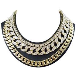 Time scent 14K Yellow Gold Plated Quavo Choker 20'' Cuban & 18'' Full Iced Cuban & 1 Row Tennis Chain Set