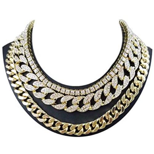 Time scent 14K Yellow Gold Plated Quavo Choker 20'' Cuban & 18'' Full Iced Cuban & 1 Row Tennis Chain Set