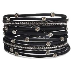 TASBERN Women Leather Wrap Bracelet Stud Beads Crystal Cuff Bracelets Jewelry for Ladies Girls