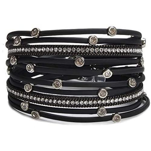 TASBERN Women Leather Wrap Bracelet Stud Beads Crystal Cuff Bracelets Jewelry for Ladies Girls