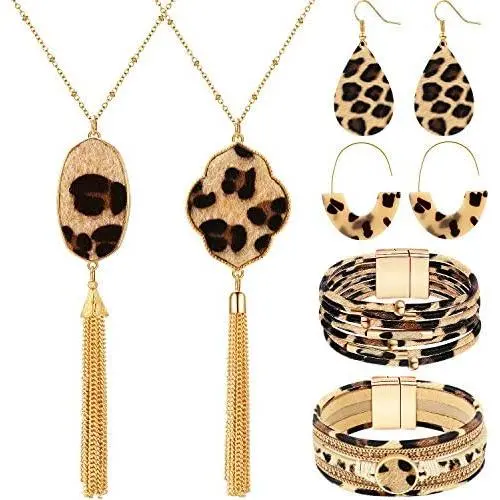 Leopard Jewelry Set Leopard Leather Bracelets Dangle Earring Pendant Necklace for Women Leopard Jewelry Set Leopard Leather Bracelets Dangle Earring Pendant Necklace for Women