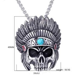 PAMTIER Mens Stainless Steel Silver Native American Indian Tribal Chief Headdress Skull Necklace