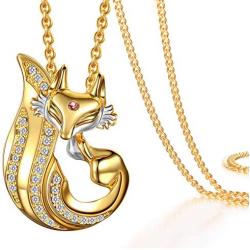 Womens pendant necklace, 18K gold zirconium-plated zirconium fox pendant, with stainless steel necklace, pendant can be used as a brooch