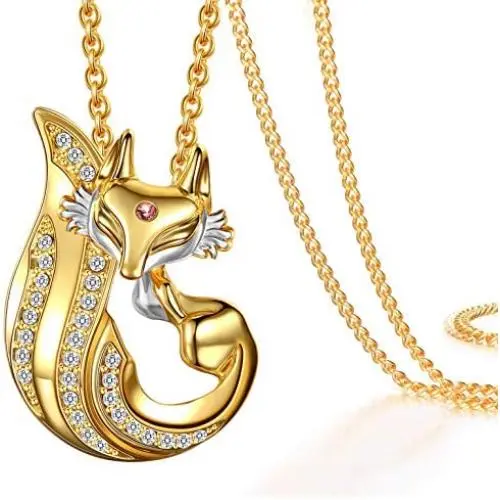 Womens pendant necklace, 18K gold zirconium-plated zirconium fox pendant, with stainless steel necklace, pendant can be used as a brooch