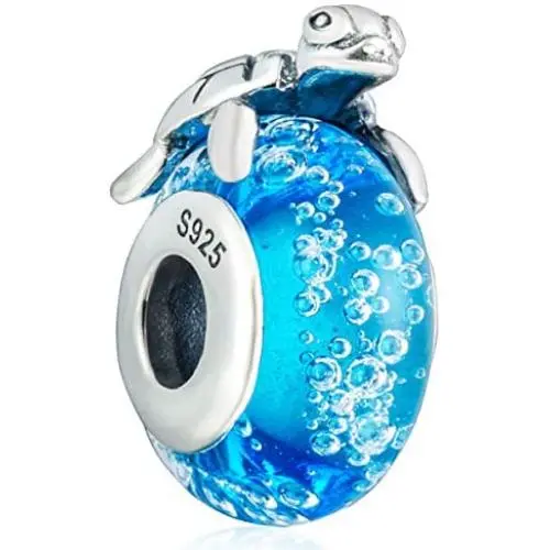 Sea Turtle Charms on a Blue Murano Glass Beads Fit Pandora Charms Bracelets-925 Sterling Silver Charms for Necklace/European Snake Chain-Hawaii Summer Travel Tropical Marine Life Charm Sea Turtle Charms on a Blue Murano Glass Beads Fit Pandora Charms Bracelets-925 Sterling Silver Charms for Necklace/European Snake Chain-Hawaii Summer Travel Tropical Marine Life Charm