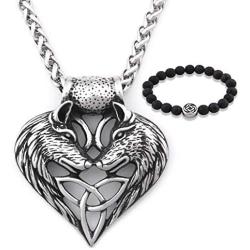 GUNGNEER Mens Stainless Steel Wolf Head Heart Celtic Knot Amulet Pendant Triquetra Necklace Talisman Irish Jewelry