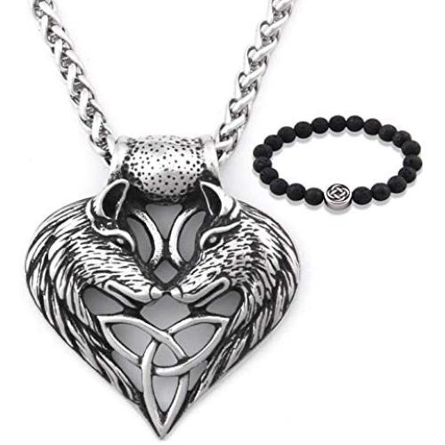 GUNGNEER Mens Stainless Steel Wolf Head Heart Celtic Knot Amulet Pendant Triquetra Necklace Talisman Irish Jewelry