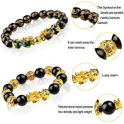 6 Pieces Chinese Feng Shui Bracelet 12 mm Feng Shui Black Obsidian Wealth Bracelet Adjustable Elastic Wealth Bracelet with Pi Xiu Pi Yao for Attracting Good Luck and Wealth