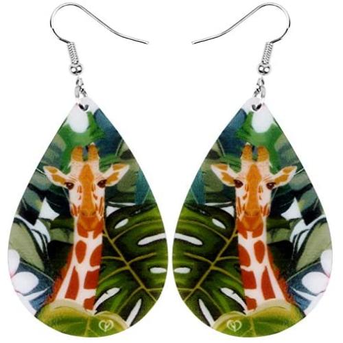 NEWEI Acrylic Lightweight Africa Giraffe Earrings Big Teardrop Dangle Jungle Animal Jewelry For Women Kids Charm Gift