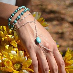 Olbye Silver Finger Ring Bracelet Turquoise Bracelet Charm Hand Chain Bracelet Everyday Jewelry for Women and Teen Girls