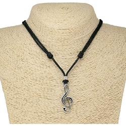 BlueRica Treble G Clef Pendant on Adjustable Black Rope Cord Necklace (Chrome Finish)